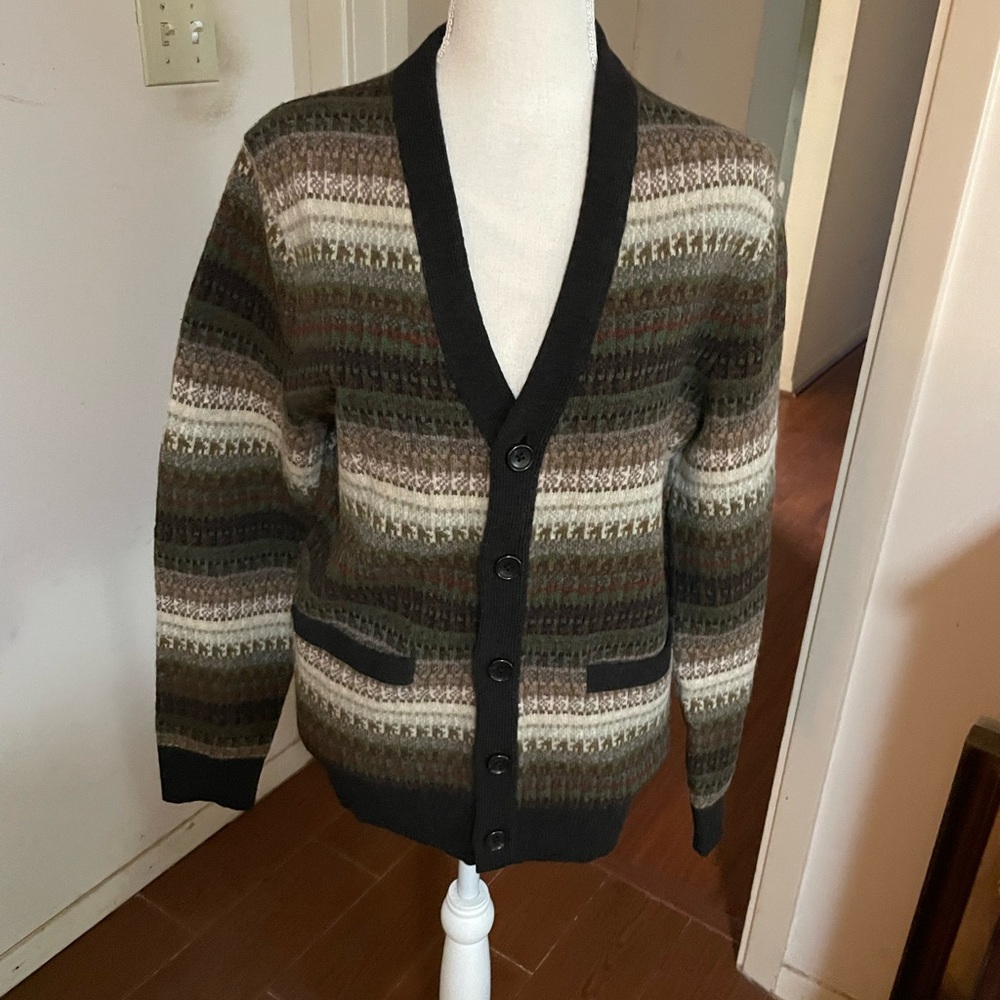 Mens Unisex J Crew Wool Fair Isle Cardigan Sweater Small brown V neck stripe tan - Picture 8 of 16